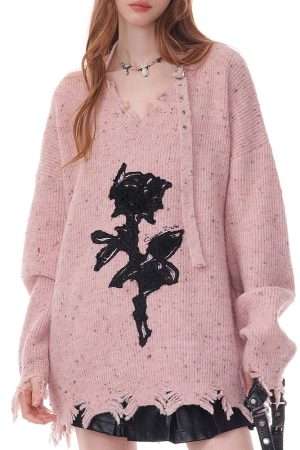Cute Everyday Outfits, Outfit Inspo Casual Distressed Rose Print Sweater