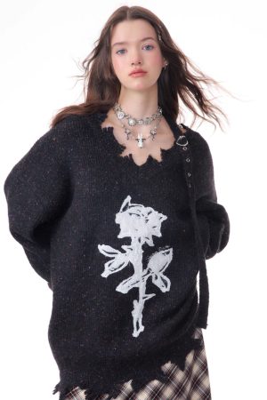 Cute Everyday Outfits, Outfit Inspo Casual Distressed Rose Print Sweater