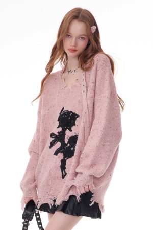 Cute Everyday Outfits, Outfit Inspo Casual Distressed Rose Print Sweater
