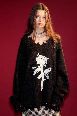 Cute Everyday Outfits, Outfit Inspo Casual Distressed Rose Print Sweater