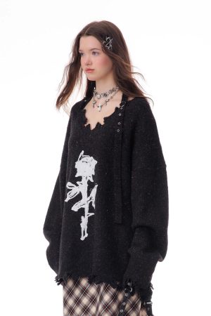 Cute Everyday Outfits, Outfit Inspo Casual Distressed Rose Print Sweater