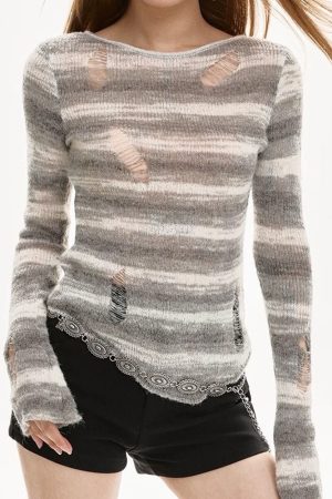 Cute Everyday Outfits, Outfit Inspo Casual Distressed Striped Knit Sweater