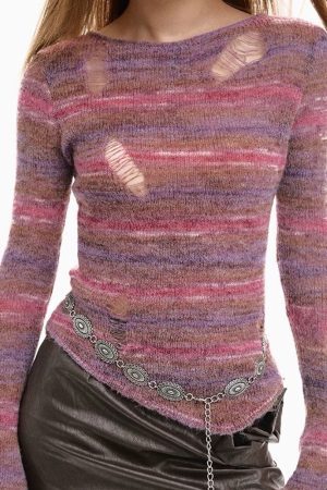 Cute Everyday Outfits, Outfit Inspo Casual Distressed Striped Knit Sweater