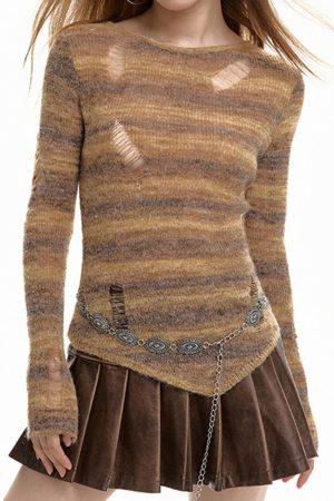 Cute Everyday Outfits, Outfit Inspo Casual Distressed Striped Knit Sweater