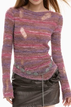 Cute Everyday Outfits, Outfit Inspo Casual Distressed Striped Knit Sweater