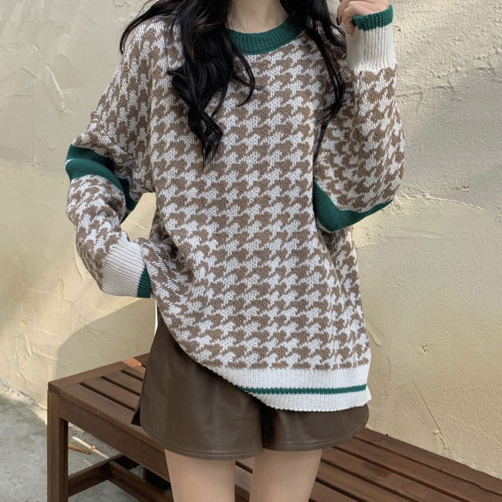 Cute Everyday Outfits, Outfit Inspo Casual Dogtooth Check Grandma Sweater Cute Everyday Outfits, Outfit Inspo Casual Dogtooth Check Grandma Sweater