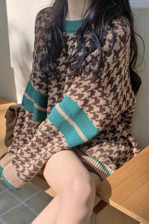 Cute Everyday Outfits, Outfit Inspo Casual Dogtooth Check Grandma Sweater