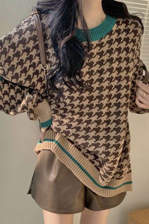 Cute Everyday Outfits, Outfit Inspo Casual Dogtooth Check Grandma Sweater