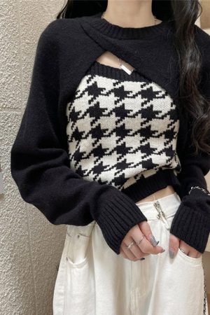 Cute Everyday Outfits, Outfit Inspo Casual Dogtooth Check Top & Sweater Co-Ord