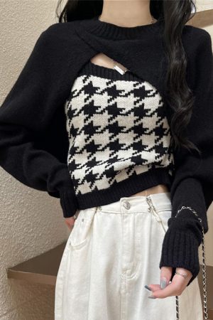 Cute Everyday Outfits, Outfit Inspo Casual Dogtooth Check Top & Sweater Co-Ord