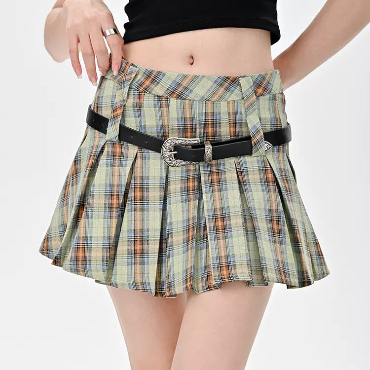 Cute Everyday Outfits, Outfit Inspo Casual Double Belt Plaid Pleated Skirt in Green