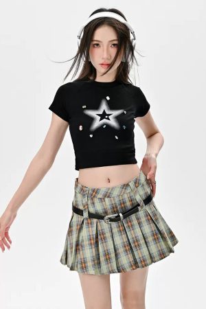 Cute Everyday Outfits, Outfit Inspo Casual Double Belt Plaid Pleated Skirt in Green