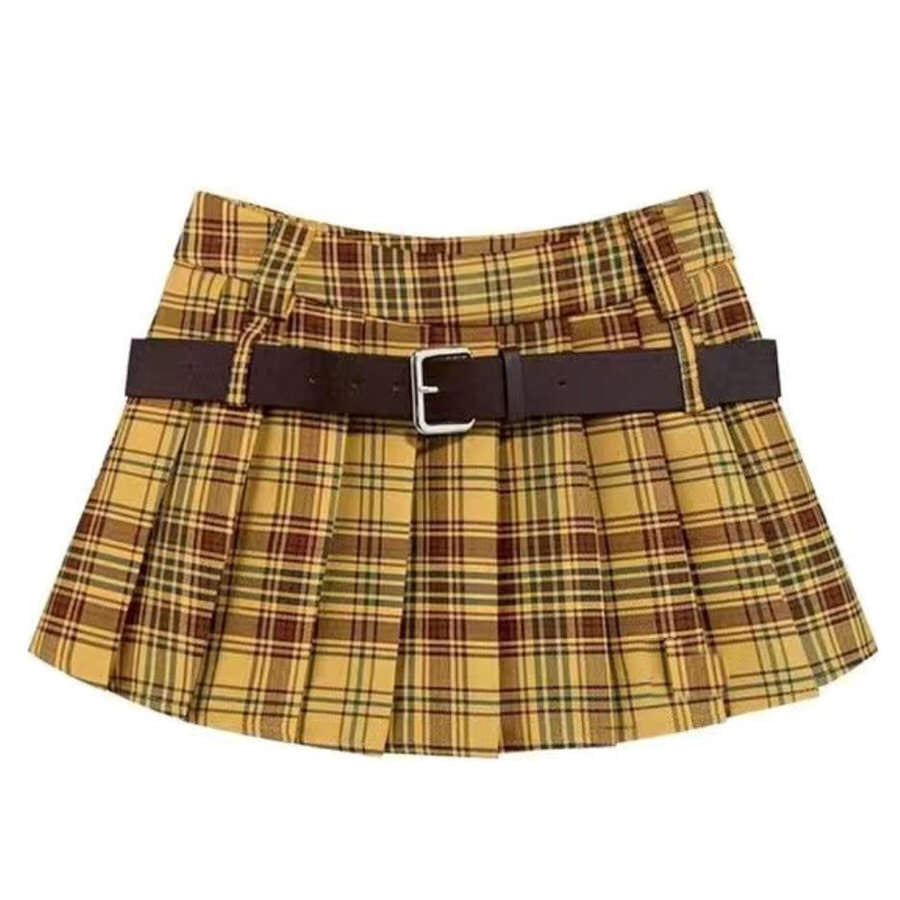Cute Everyday Outfits, Outfit Inspo Casual Double Belt Plaid Pleated Skirt in Yellow