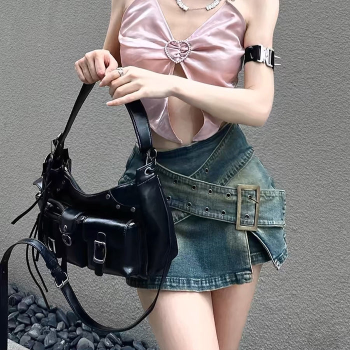 Cute Everyday Outfits, Outfit Inspo Casual Double Buckle Denim Mini Skirt Cute Everyday Outfits, Outfit Inspo Casual Double Buckle Denim Mini Skirt