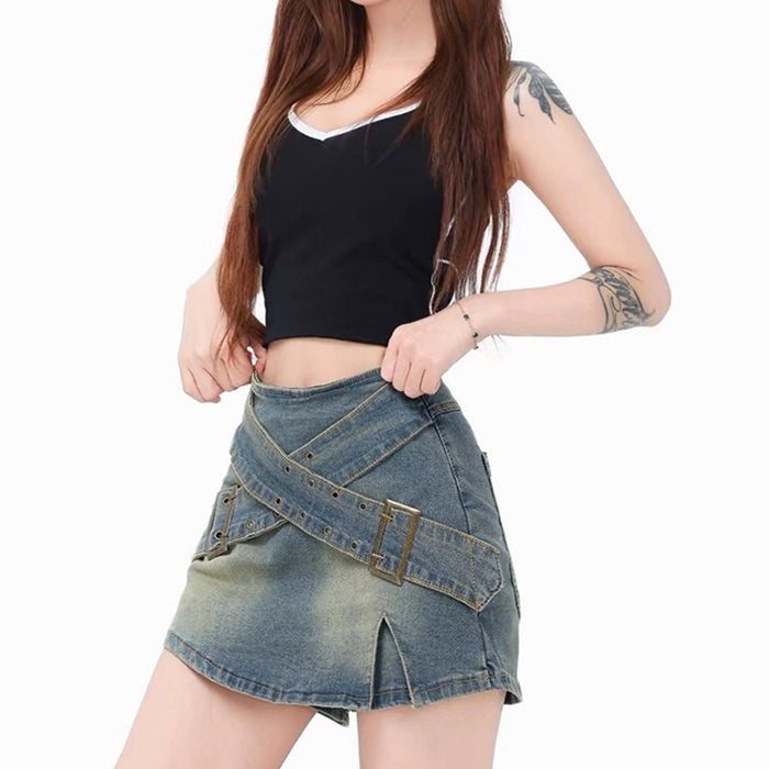 Cute Everyday Outfits, Outfit Inspo Casual Double Buckle Denim Mini Skirt Cute Everyday Outfits, Outfit Inspo Casual Double Buckle Denim Mini Skirt