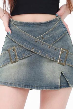 Cute Everyday Outfits, Outfit Inspo Casual Double Buckle Denim Mini Skirt
