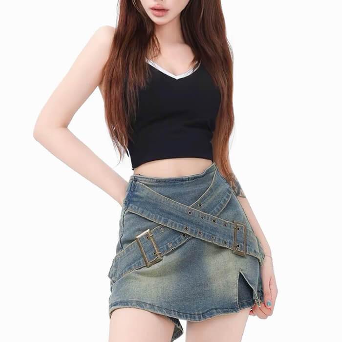 Cute Everyday Outfits, Outfit Inspo Casual Double Buckle Denim Mini Skirt Cute Everyday Outfits, Outfit Inspo Casual Double Buckle Denim Mini Skirt