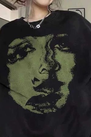 Cute Everyday Outfits, Outfit Inspo Casual Face Print Grunge Oversized Sweatshirt
