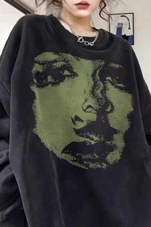 Cute Everyday Outfits, Outfit Inspo Casual Face Print Grunge Oversized Sweatshirt