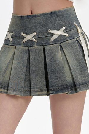 Cute Everyday Outfits, Outfit Inspo Casual Fairy Grunge Lace Up Denim Pleated Skirt