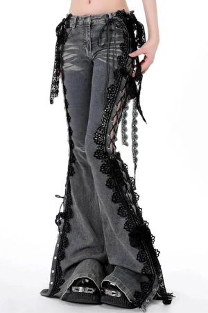 Cute Everyday Outfits, Outfit Inspo Casual Fairy Grunge Lace Up Flared Jeans