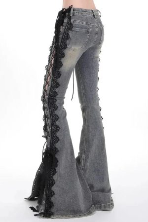 Cute Everyday Outfits, Outfit Inspo Casual Fairy Grunge Lace Up Flared Jeans
