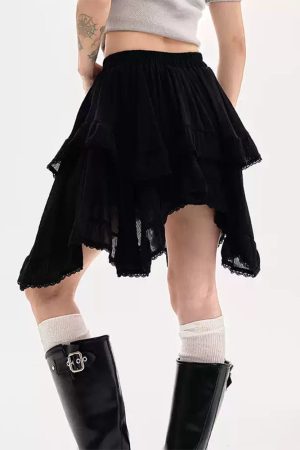 Cute Everyday Outfits, Outfit Inspo Casual Fairycore Asymmetric Lace Ruffle Skirt