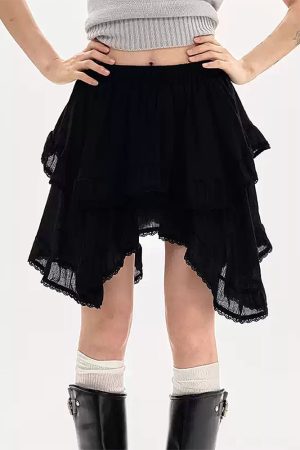 Cute Everyday Outfits, Outfit Inspo Casual Fairycore Asymmetric Lace Ruffle Skirt