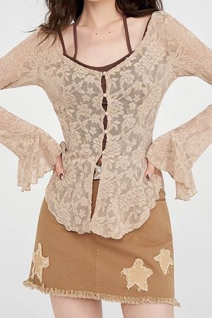 Cute Everyday Outfits, Outfit Inspo Casual Fairycore Lace Flare Sleeve Top