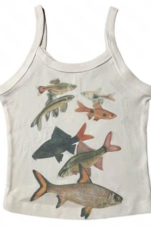 Cute Everyday Outfits, Outfit Inspo Casual Fish Print Aesthetic Tank Top