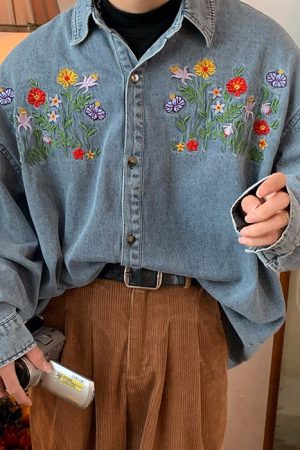 Cute Everyday Outfits, Outfit Inspo Casual Floral Embroidery Vintage Denim Shirt