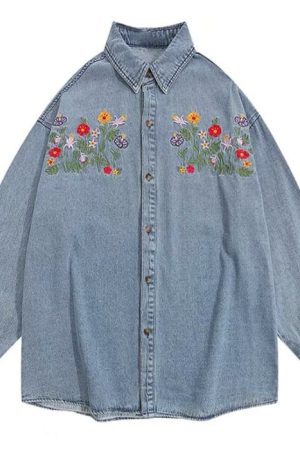 Cute Everyday Outfits, Outfit Inspo Casual Floral Embroidery Vintage Denim Shirt