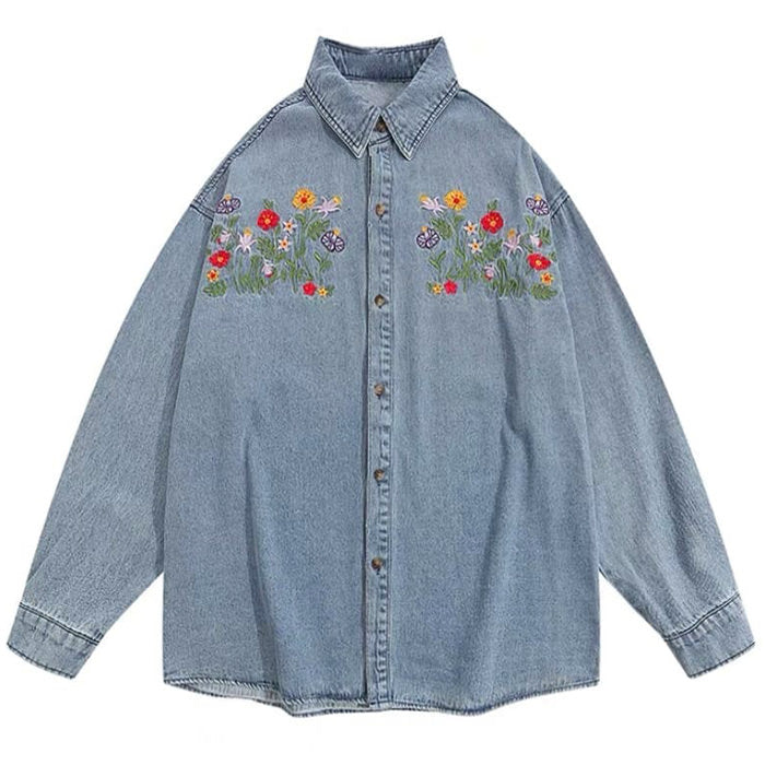 Cute Everyday Outfits, Outfit Inspo Casual Floral Embroidery Vintage Denim Shirt