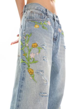 Cute Everyday Outfits, Outfit Inspo Casual Floral Vine Fairycore Embroidery Jeans