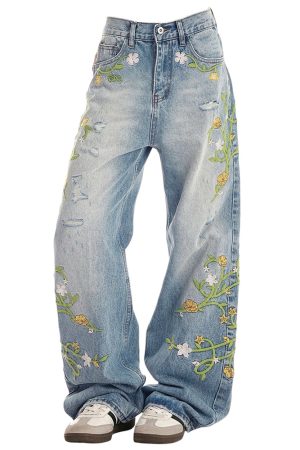 Cute Everyday Outfits, Outfit Inspo Casual Floral Vine Fairycore Embroidery Jeans