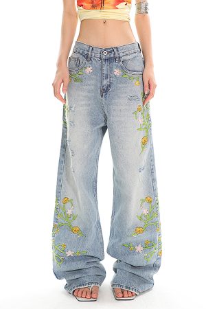 Cute Everyday Outfits, Outfit Inspo Casual Floral Vine Fairycore Embroidery Jeans