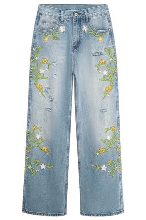 Cute Everyday Outfits, Outfit Inspo Casual Floral Vine Fairycore Embroidery Jeans