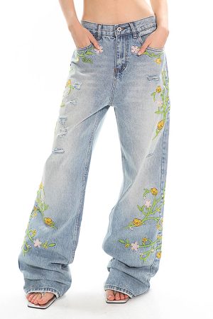 Cute Everyday Outfits, Outfit Inspo Casual Floral Vine Fairycore Embroidery Jeans
