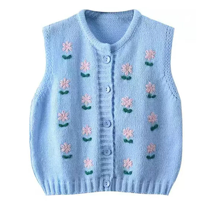 Cute Everyday Outfits, Outfit Inspo Casual Flower Embroidery Blue Knit Vest Cute Everyday Outfits, Outfit Inspo Casual Flower Embroidery Blue Knit Vest