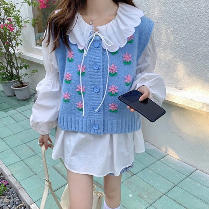 Cute Everyday Outfits, Outfit Inspo Casual Flower Embroidery Blue Knit Vest Cute Everyday Outfits, Outfit Inspo Casual Flower Embroidery Blue Knit Vest