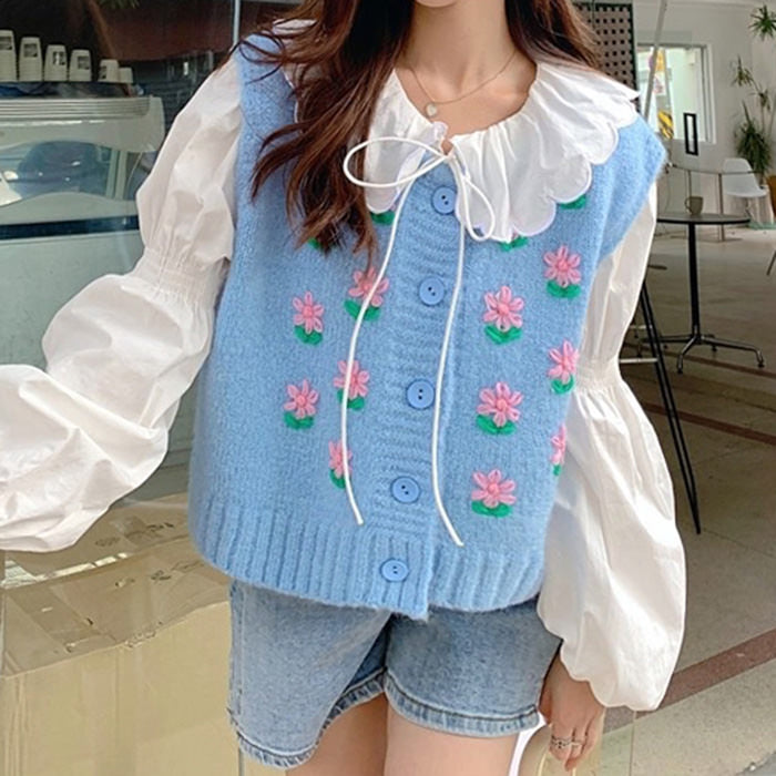 Cute Everyday Outfits, Outfit Inspo Casual Flower Embroidery Blue Knit Vest Cute Everyday Outfits, Outfit Inspo Casual Flower Embroidery Blue Knit Vest