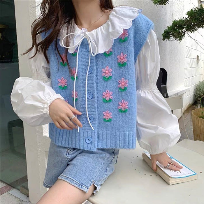Cute Everyday Outfits, Outfit Inspo Casual Flower Embroidery Blue Knit Vest Cute Everyday Outfits, Outfit Inspo Casual Flower Embroidery Blue Knit Vest