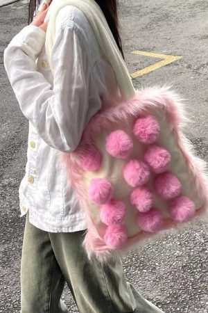Cute Everyday Outfits, Outfit Inspo Casual Fluffy Pom Poms Bag in Pink