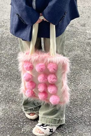 Cute Everyday Outfits, Outfit Inspo Casual Fluffy Pom Poms Bag in Pink
