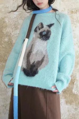 Cute Everyday Outfits, Outfit Inspo Casual Fluffy Siamese Cat Print Jumper
