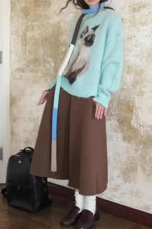 Cute Everyday Outfits, Outfit Inspo Casual Fluffy Siamese Cat Print Jumper