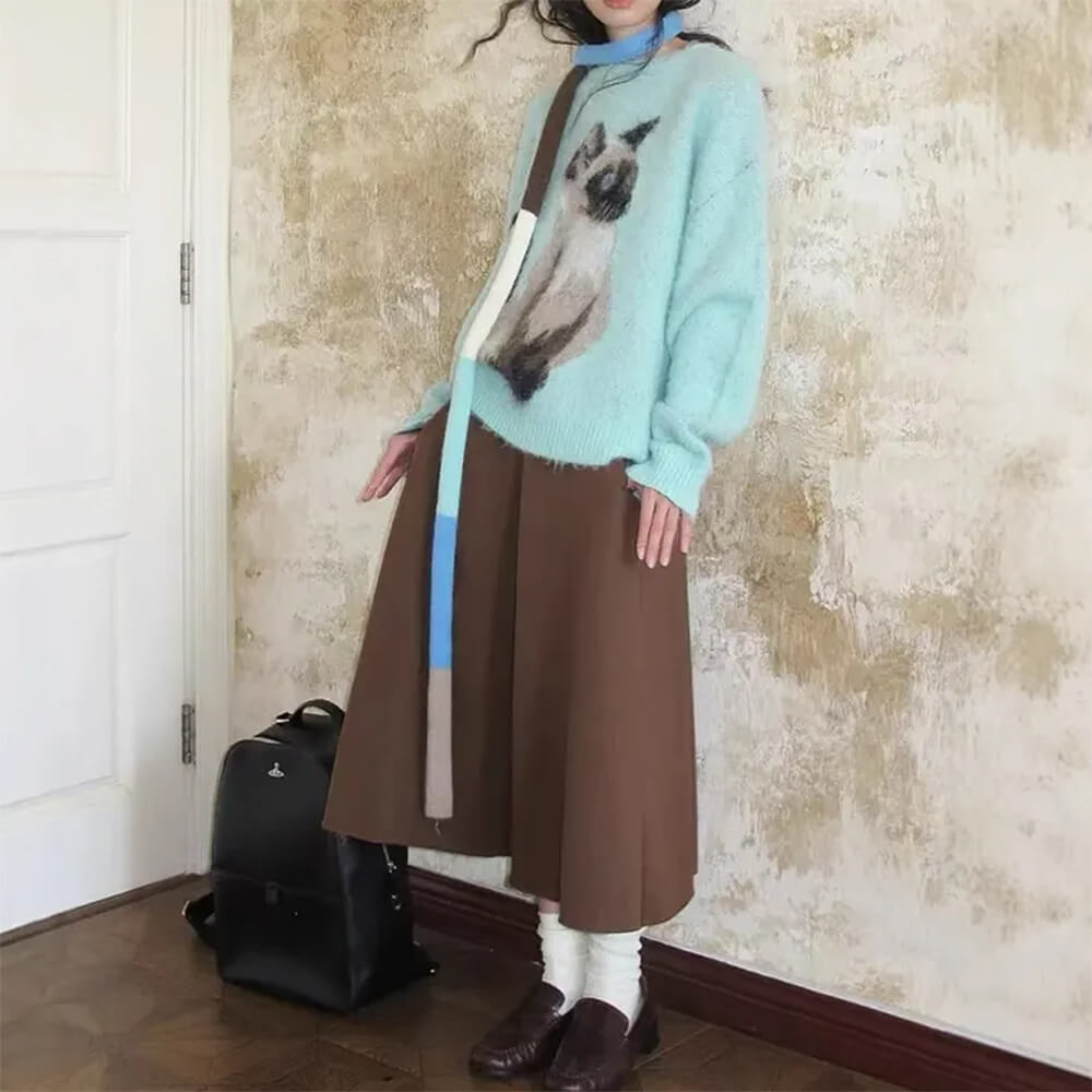 Cute Everyday Outfits, Outfit Inspo Casual Fluffy Siamese Cat Print Jumper Cute Everyday Outfits, Outfit Inspo Casual Fluffy Siamese Cat Print Jumper