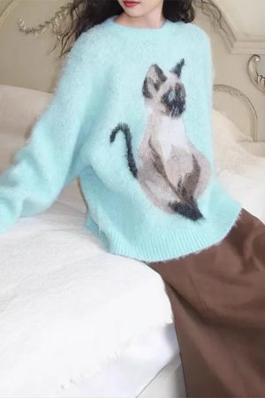 Cute Everyday Outfits, Outfit Inspo Casual Fluffy Siamese Cat Print Jumper