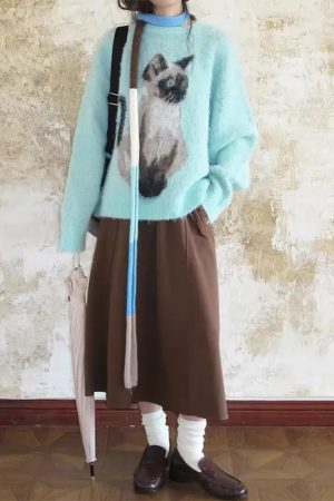 Cute Everyday Outfits, Outfit Inspo Casual Fluffy Siamese Cat Print Jumper