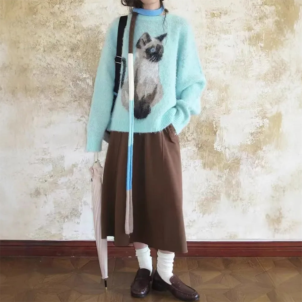 Cute Everyday Outfits, Outfit Inspo Casual Fluffy Siamese Cat Print Jumper Cute Everyday Outfits, Outfit Inspo Casual Fluffy Siamese Cat Print Jumper